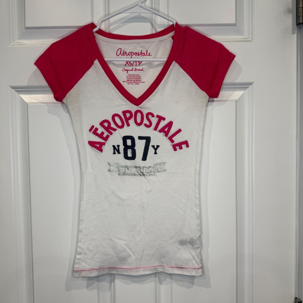 Aeropostale Womens Size XS V-Neck Raglan Graphic Tee Pink White Phys Ed Shirt
